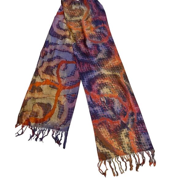 Bohemian Abstract Purple & Orange Printed Long Neck Scarf With Fringe 74”x10.5” - Picture 2 of 6